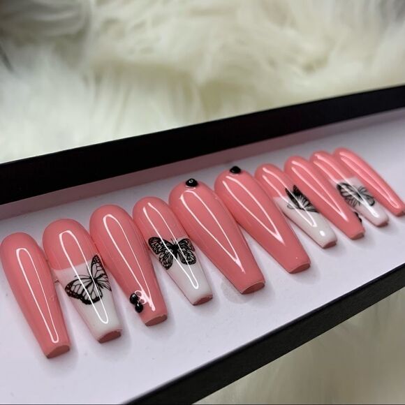 D Girl w Butterfly Tattoo Custom Press On Nails | High Quality Nails | Handmade - Picture 2 of 11